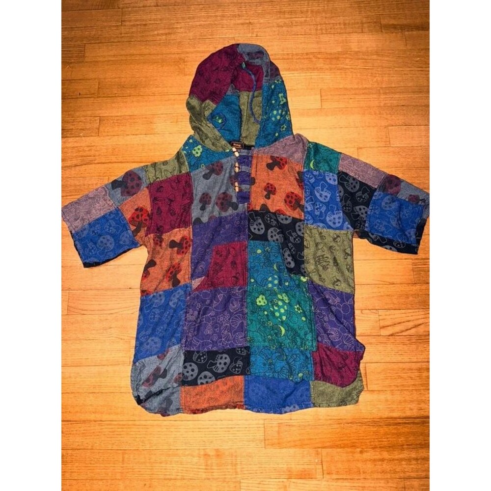 Rising International Mushroom Patchwork Hoodie Shirt unisex M Boho Nepal Tunic
